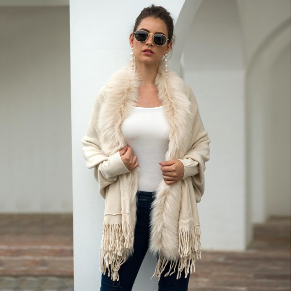 Winter solid color tassel Fur collar Shawl Cloak Faux fur coats women cashmere sweater poncho knit cardigan - Image 2