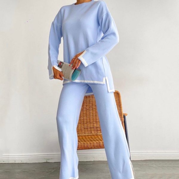 Women clothing high neck loose tops contrast color loungewear cozy knitted 2 piece cashmere sweater set - Image 2