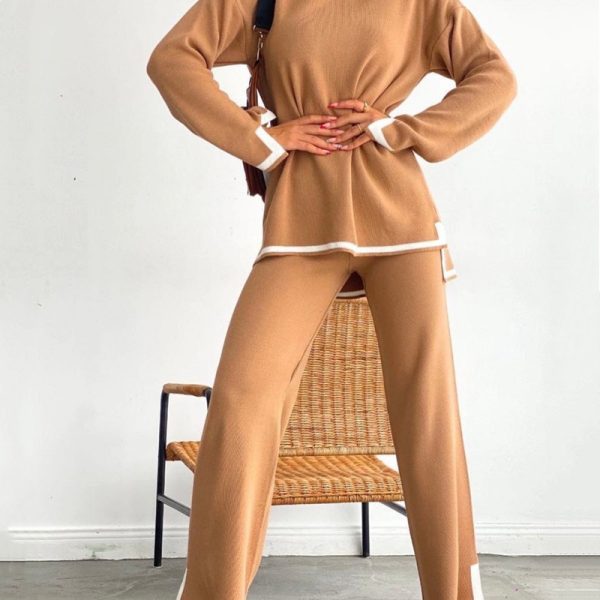 Trending Long sleeve sweater color blocking lounge wear knitted oversize high waist pants 2 piece set for women