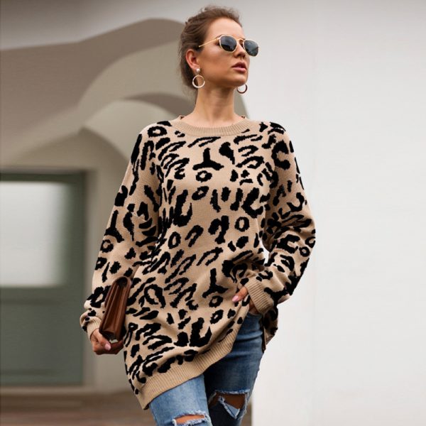 latest design lazy style leopard print women sweater pullover round neck knitted dress - Image 2