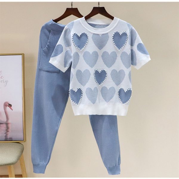 new arrival spring summer round neck knitwear loving heart pearl Beaded knitting women causal two piece set - Image 6