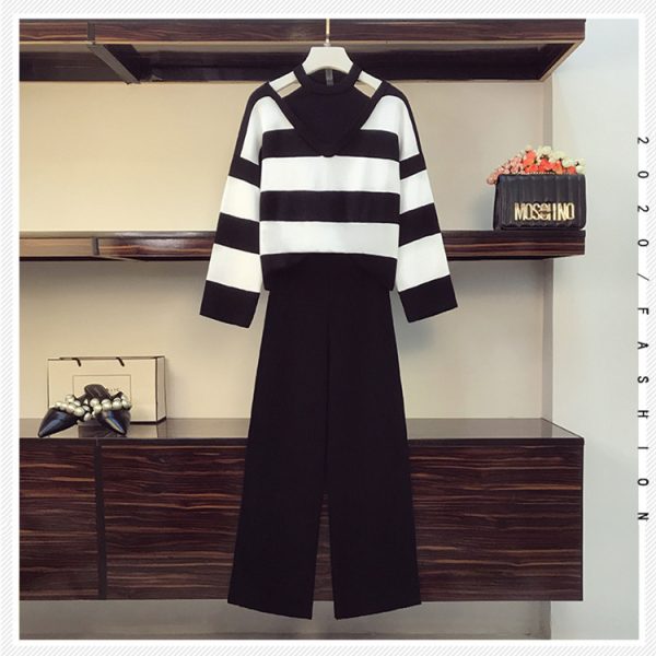 Trending fashion Striped bodycon sexy sweater wide leg trousers two piece elegant set women - Image 5