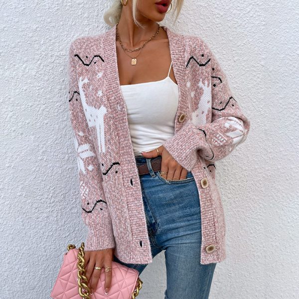 Hot selling casual long sleeve single-breasted Christmas knitwear elegant elk knit cardigans - Image 4