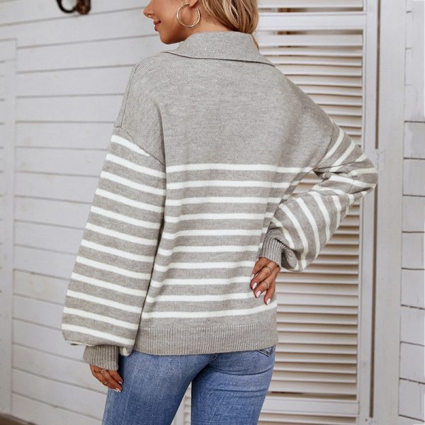 New arrivals fall winter knitwear collage style tops Women lantern sleeve striped POLO neck sweater - Image 5
