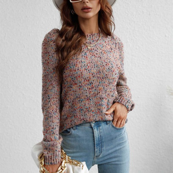 2024 Latest design slim fit pullover dot casual knitwear solid color o-neck puff sleeve women sweaters