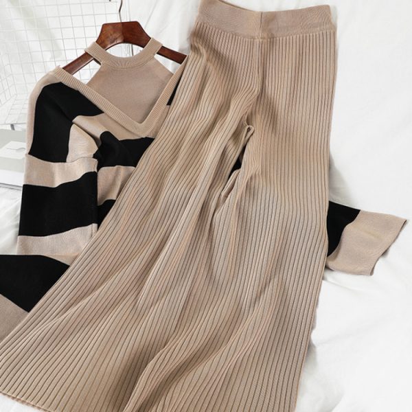 Trending fashion Striped bodycon sexy sweater wide leg trousers two piece elegant set women - Image 2