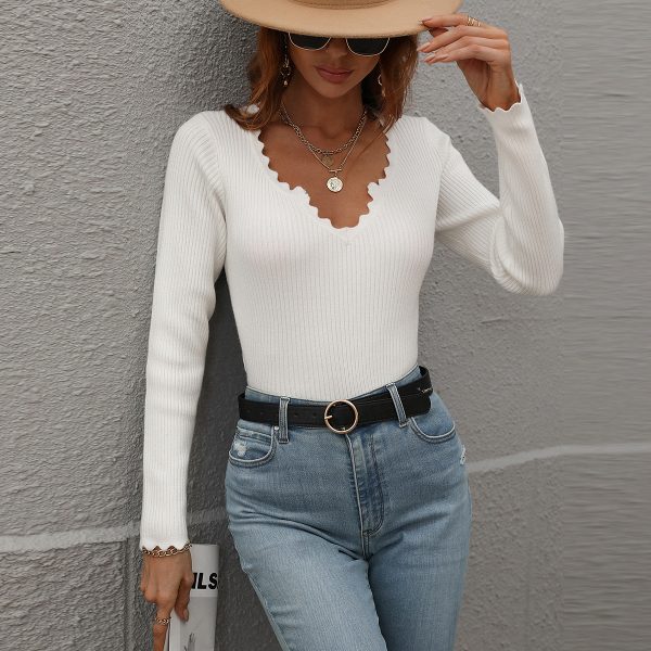 autumn winter pure color lacework skinny basic tops sexy v neck bodycon sweaters for women - Image 3