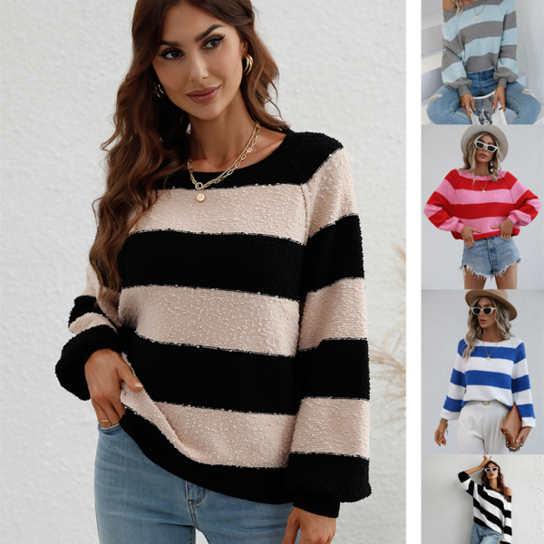 o-neck striped long sleeve knitwear women casual top knitted sweater - Image 2