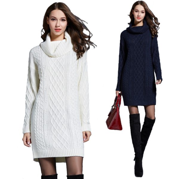 solid color knitted sweaters high neck warm thicken elegant short dress knit dress - Image 6