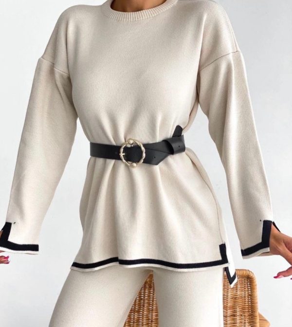 Trending Long sleeve sweater color blocking lounge wear knitted oversize high waist pants 2 piece set for women - Image 4