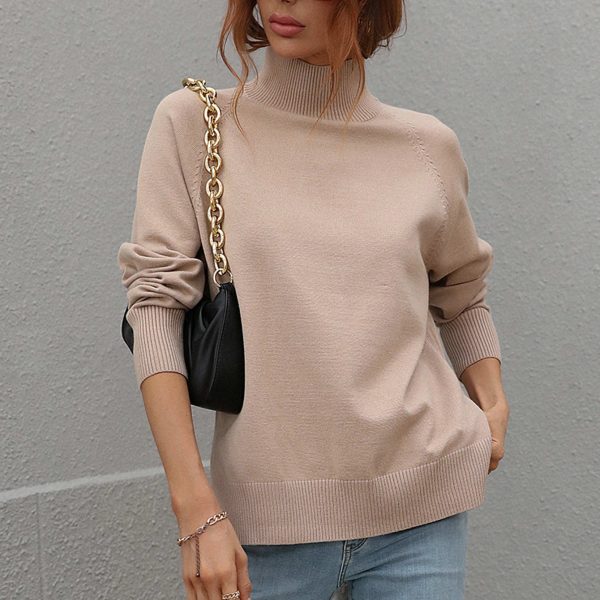 New design knitted pure color loose autumn long sleeve elegant daily wear turtleneck sweaters for women