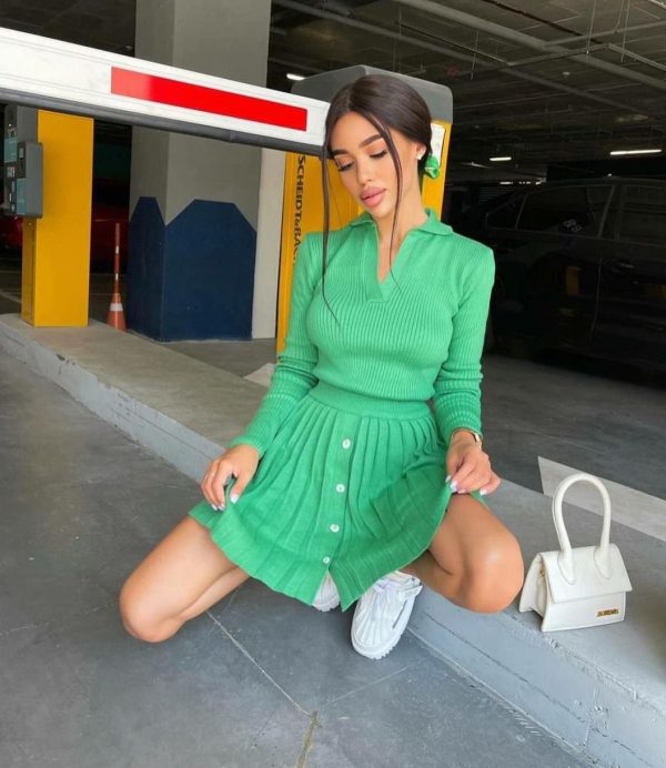 high quality lapel collar sweaters women casual streetwear warm v neck sexy bodycon knit two piece dress set - Image 5
