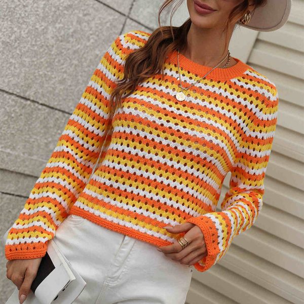 hot sales striped long sleeve tops round neck jumpers knitted casual pullover sweaters for women - Image 6