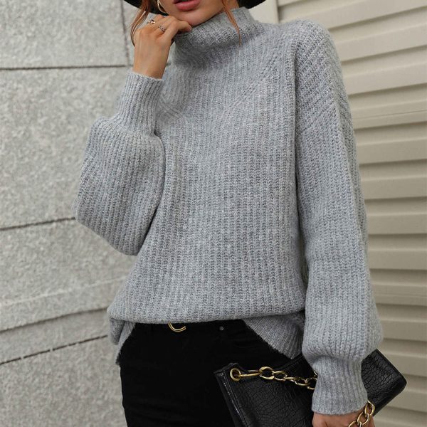 hot sales turtleneck pure color knitwear elegant puff sleeve tops winter pullover knitted sweaters - Image 2