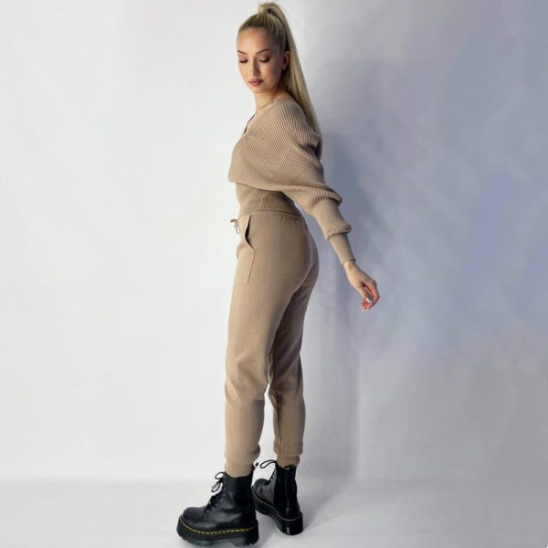 women casual loungewear long sleeve winter autumn high waist pants 2 piece knit set - Image 3
