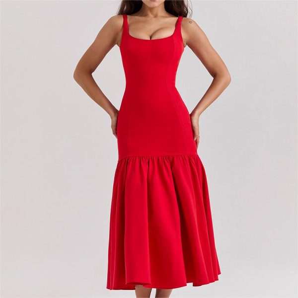 Women's Sexy Slim Fit Bodycon Midi Dress Spring Spaghetti Strap Ruffles Decoration Breathable Chiffon Fabric Patchwork