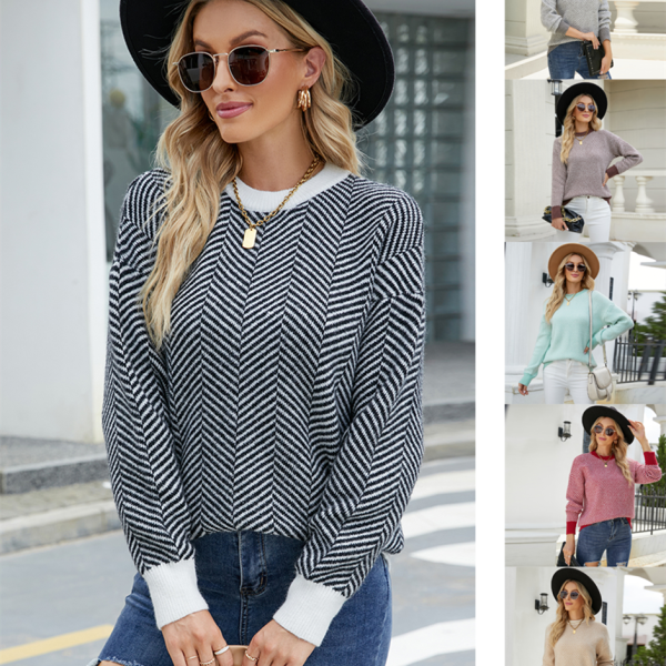 Hot selling pullover stripe jacquard knitwear round neck women casual slim fit fashion color blocking sweaters - Image 3