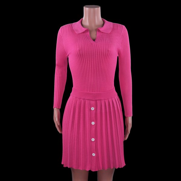 fall winter turn down collar v neck long sleeve slim fit sexy knit mini dress 2 piece set for women - Image 4