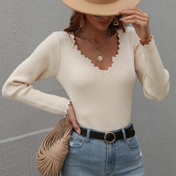 autumn winter pure color lacework skinny basic tops sexy v neck bodycon sweaters for women