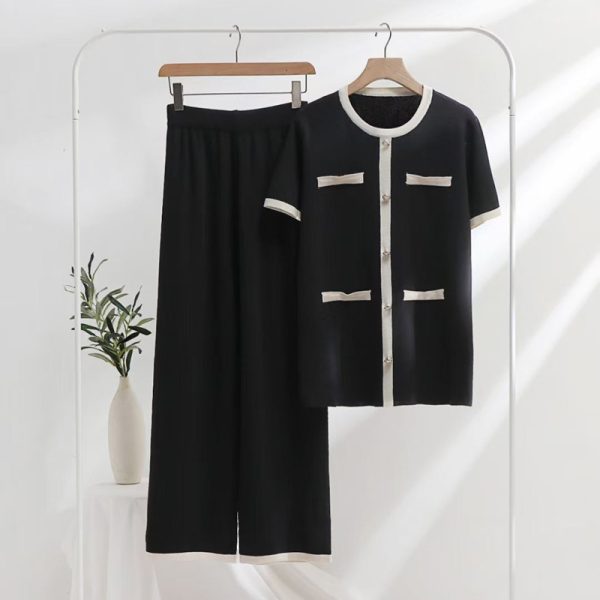 fashion oversize color blocking lounge wear knitted elegant 2 piece pants set women - Image 4