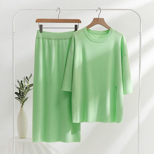 Spring summer loose solid color pullover mid-sleeve top mid-length half skirt knitted two-piece set women - Image 5