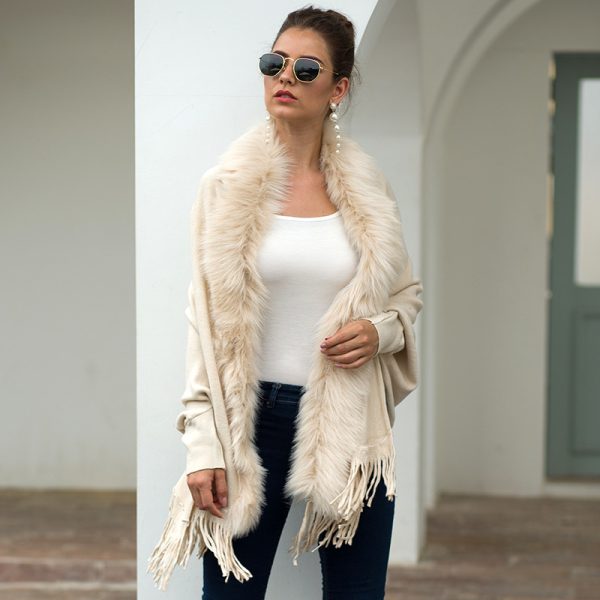 Winter solid color tassel Fur collar Shawl Cloak Faux fur coats women cashmere sweater poncho knit cardigan - Image 5