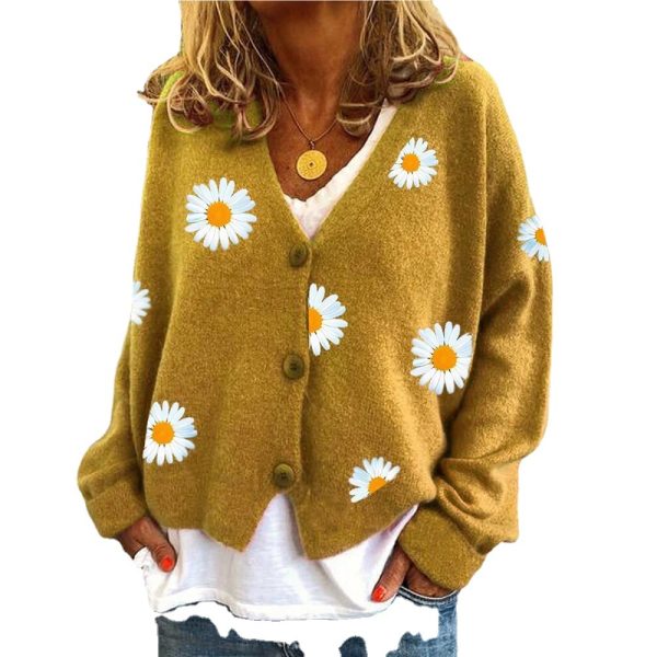 Hot sales v neck short oversize casual Ladies knitwear single breasted daisy cardigans sweaters - Image 3