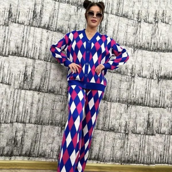 Trendy v neck single-breasted sweaters coats diamond pattern women casual streetwear wide leg pants set - Image 6