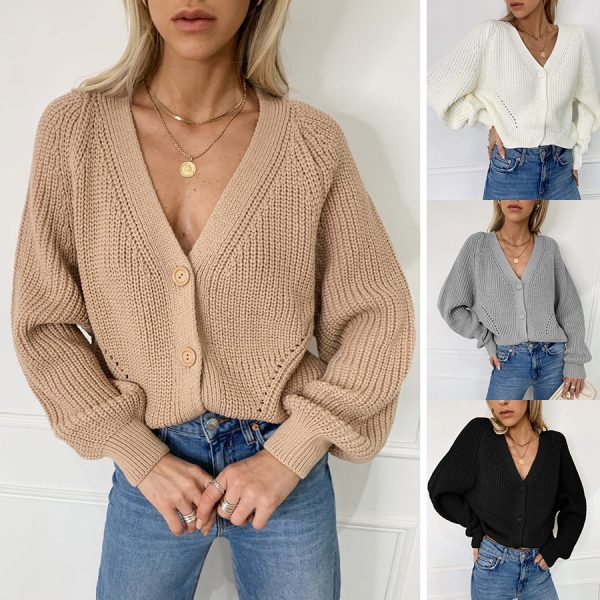 Hot sales fall winter v neck puff sleeve knitted cropped cardigans sweater solid color women's cardigan - Image 2