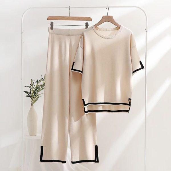 women casual knitted 2 piece matching outfits pure color o-neck loose side split sweater top knitwear - Image 5