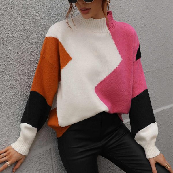 casual Knitwear high neck color blocking knitted pullover women winter loose long sleeve sweaters - Image 3