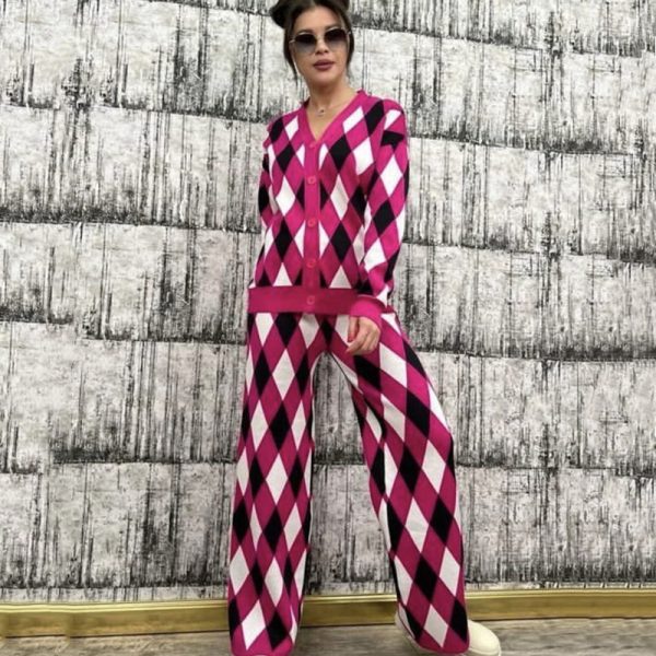 Autumn winter knit ladies casual tracksuits v neck single breasted cardigans wide leg pants Plaid two-piece set - Image 3