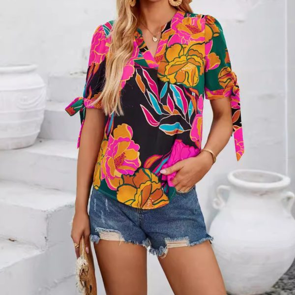 Summer Amazon Hot Selling 2024 Women's Fashion Camisa Casual 24Year V-neck cuff Tied Top