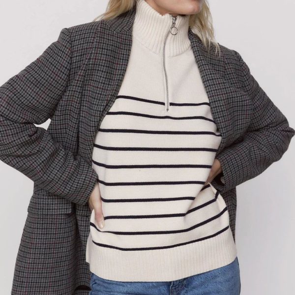 half zipper elegant stripe knitted thicken Sweaters Women oversize Pullover knitted Top - Image 4