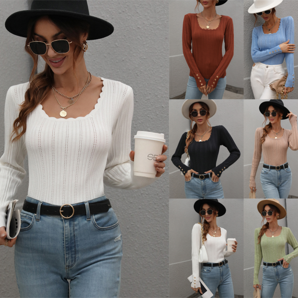 hot selling pure color square collar jumper mujer long sleeve slim fit knitwear women elegant knit sweater