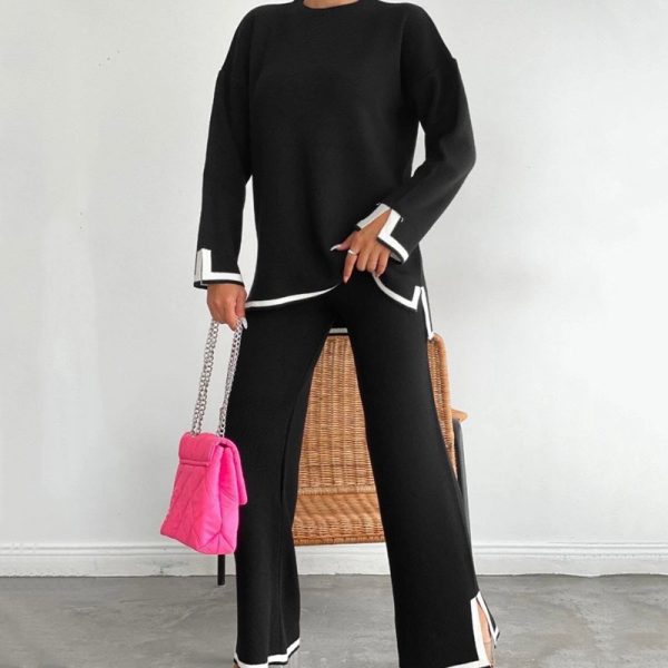Women clothing high neck loose tops contrast color loungewear cozy knitted 2 piece cashmere sweater set - Image 5