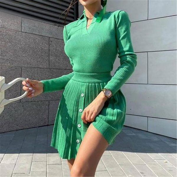 fall winter turn down collar v neck long sleeve slim fit sexy knit mini dress 2 piece set for women - Image 5