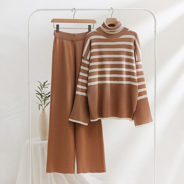 Women's Cashmere Suit Plain Knitted Turtleneck striped Female Wool Sweater Pant Knit Two Piece set - Image 3