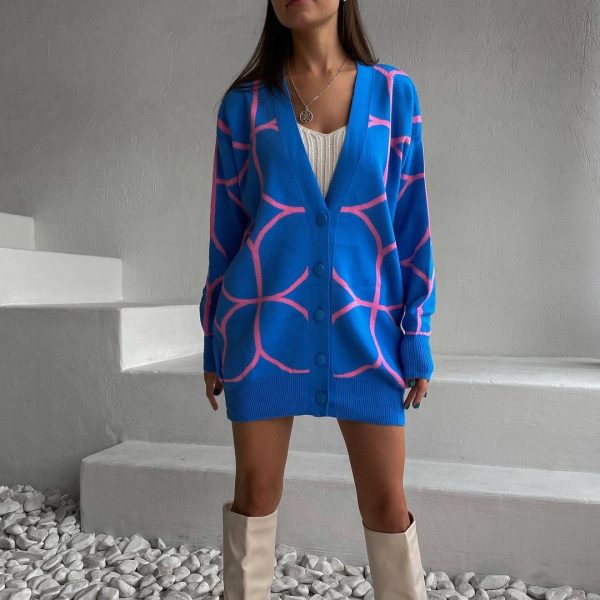 autumn winter long knitted sweaters v neck jacquard color blocking casual cardigans for women - Image 2