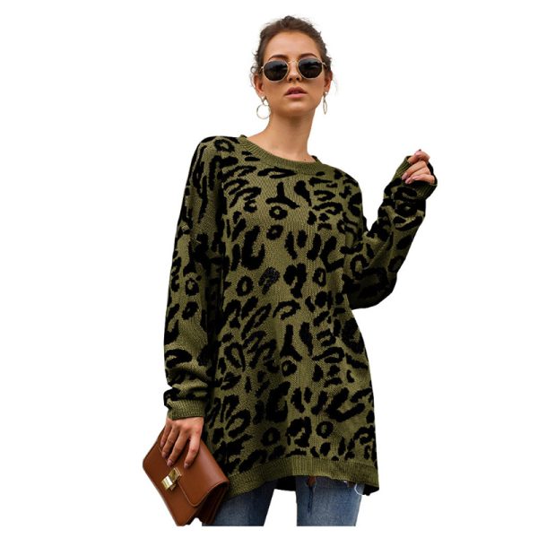 latest design lazy style leopard print women sweater pullover round neck knitted dress - Image 3
