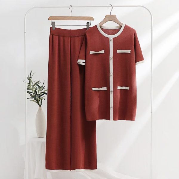 Hot sales Fashion simple stitching loose short sleeve sweater top knitted two piece matching outfits - Image 4