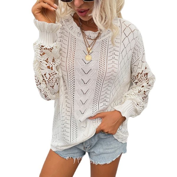 New style long sleeve casual women elegant Top Lace Splicing hollow out Pullover Knitted Sweater - Image 5