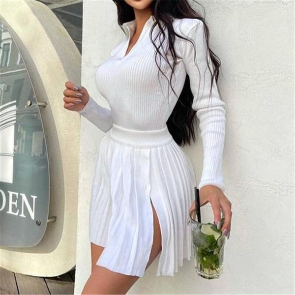 fall winter turn down collar v neck long sleeve slim fit sexy knit mini dress 2 piece set for women
