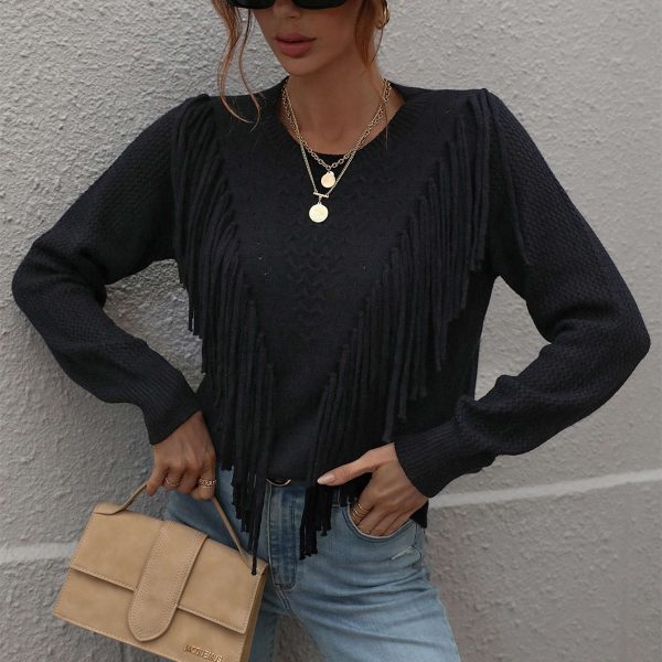 Trending fashion women casual knitwear o neck solid color elegant knitted elegant sweaters with tassel - Image 4