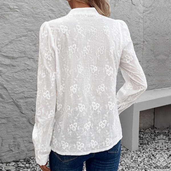 Autumn Chemise Femme Fashionable Solid Color Hollow Out Lace Jacquard Top - Image 3