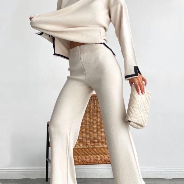 Women clothing high neck loose tops contrast color loungewear cozy knitted 2 piece cashmere sweater set