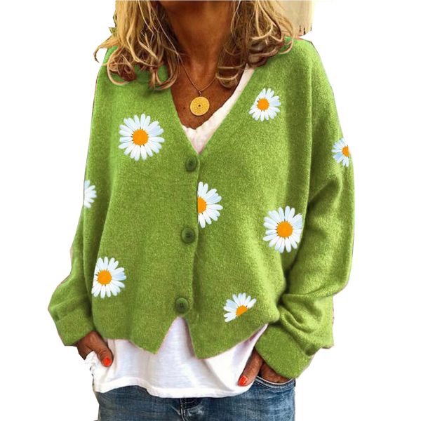 Hot sales v neck short oversize casual Ladies knitwear single breasted daisy cardigans sweaters