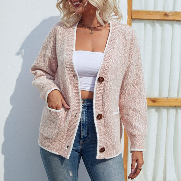 New arrivals color blocking v neck coat single-breasted long sleeve cozy sweaters women knitted cardigans