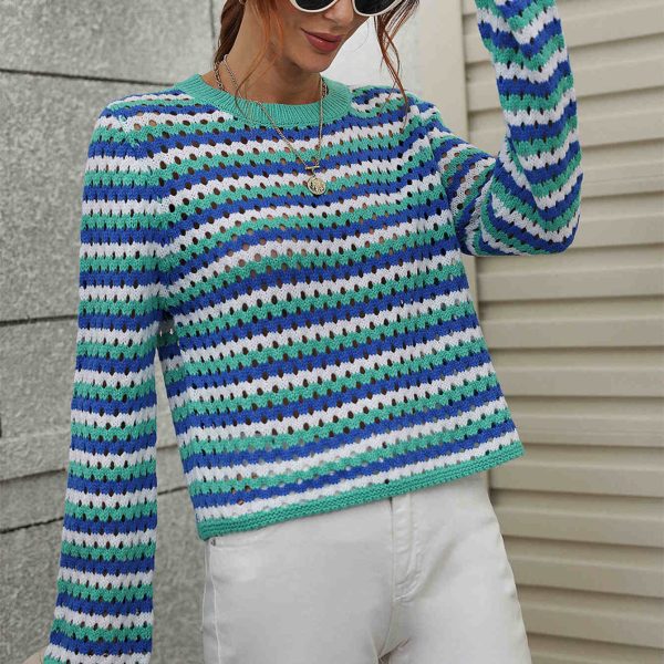 hot sales striped long sleeve tops round neck jumpers knitted casual pullover sweaters for women - Image 5