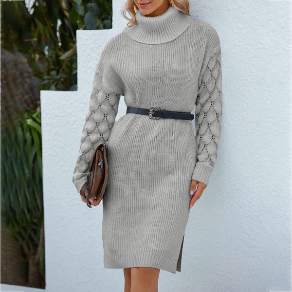 Hot sales pure color high neck crocheted sweaters long sleeve slim fit sexy knitted dress women